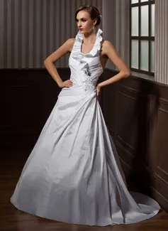 A-Line/Princess Halter Court Train Taffeta Wedding Dress With Ruffle Lace Beadwork Sequins (002012189)