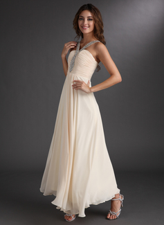 A-Line/Princess V-neck Ankle-Length Chiffon Holiday Dress With Ruffle Beading (020016843)