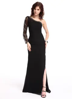 Sheath One-Shoulder Sweep Train Chiffon Tulle Evening Dress With Beading (017019455)