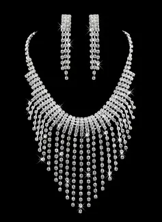 Silver Rhinestone Two Piece Graduated Spray Design Ladies' Wedding Jewelry Set (011009886)