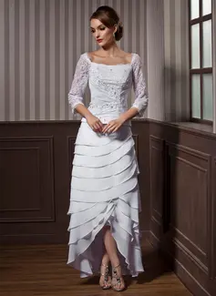 A-Line/Princess Square Neckline Asymmetrical Chiffon Wedding Dress With Ruffle Lace Beadwork (002012184)