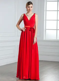 A-Line/Princess V-neck Floor-Length Chiffon Charmeuse Evening Dress With Ruffle (017022550)