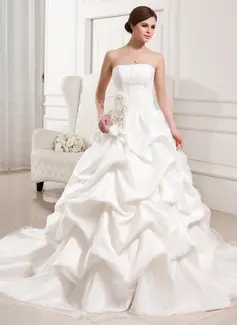 Ball-Gown Strapless Cathedral Train Organza Satin Wedding Dress With Ruffle Flower(s) (002011426)