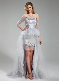 A-Line/Princess Sweetheart Asymmetrical Tulle Charmeuse Prom Dress With Lace Beading Sequins (018019751)