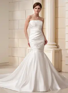 Mermaid Strapless Cathedral Train Satin Wedding Dress With Ruffle (002019527)