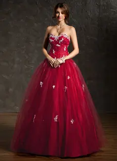 Ball-Gown Sweetheart Floor-Length Tulle Quinceanera Dress With Ruffle Lace Beading (021004666)