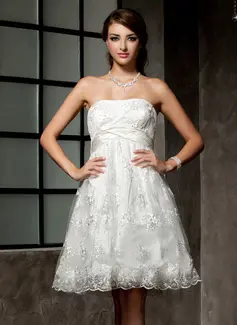 Empire Strapless Knee-Length Satin Lace Wedding Dress With Ruffle Beadwork (002000221)