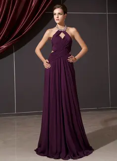A-Line/Princess Halter Floor-Length Chiffon Evening Dress With Ruffle Beading (017014244)