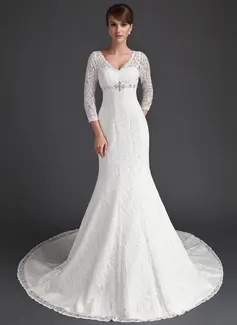 Mermaid V-neck Court Train Satin Lace Wedding Dress With Beadwork (002011525)