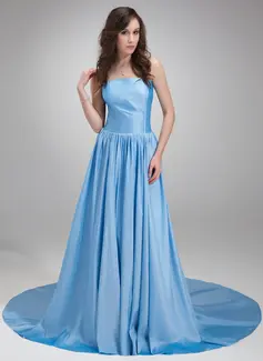 A-Line/Princess Strapless Chapel Train Taffeta Evening Dress With Ruffle (017020686)
