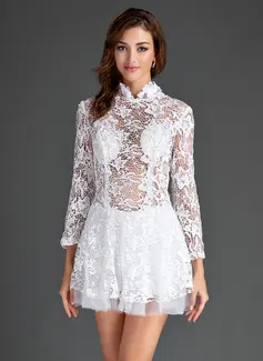 A-Line/Princess High Neck Short/Mini Tulle Lace Cocktail Dress With Ruffle (016015591)