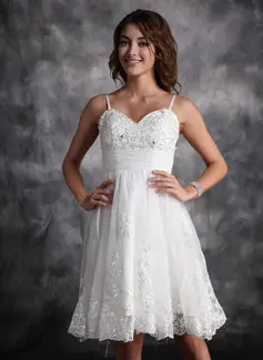 A-Line/Princess Sweetheart Knee-Length Organza Satin Wedding Dress With Ruffle Lace Beadwork (002004479)