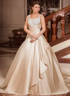 Ball-Gown Sweetheart Court Train Satin Wedding Dress With Ruffle Lace Beadwork (002012634)
