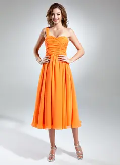 A-Line/Princess One-Shoulder Tea-Length Chiffon Homecoming Dress With Ruffle (022015510)