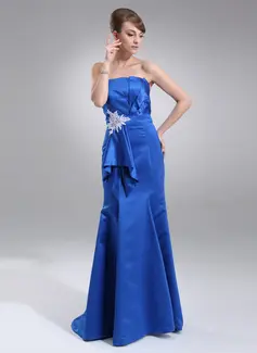 Mermaid Scalloped Neck Sweep Train Satin Prom Dress With Ruffle Beading Appliques (018005101)