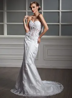 Mermaid Sweetheart Court Train Satin Tulle Wedding Dress With Lace Beadwork (002011377)