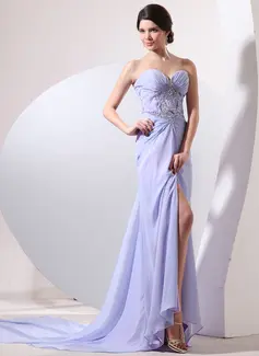Sheath Sweetheart Watteau Train Chiffon Evening Dress With Ruffle Beading (017014057)