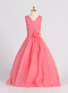 A-Line/Princess V-neck Floor-Length Organza Flower Girl Dress With Ruffle Flower(s) (010007398)