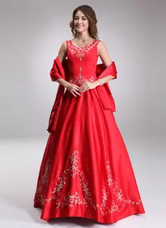 Ball-Gown Scoop Neck Floor-Length Satin Quinceanera Dress With Embroidered Beading (021003160)