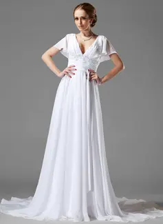 A-Line/Princess V-neck Court Train Chiffon Wedding Dress With Ruffle Lace Beadwork (002000687)
