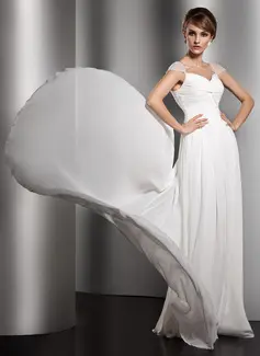 A-Line/Princess V-neck Watteau Train Chiffon Evening Dress With Ruffle Beading (017005601)