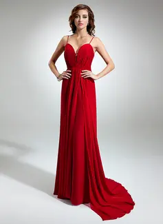 A-Line/Princess Sweetheart V-neck Watteau Train Chiffon Evening Dress With Ruffle (017016340)