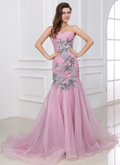 Mermaid One-Shoulder Court Train Organza Evening Dress With Ruffle Lace (017017336)