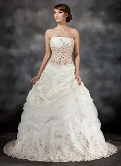 Ball-Gown Strapless Sweep Train Taffeta Organza Wedding Dress With Ruffle Lace Sequins (002017434)