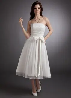 A-Line/Princess Strapless Tea-Length Chiffon Satin Wedding Dress With Lace Sashes (002020879)