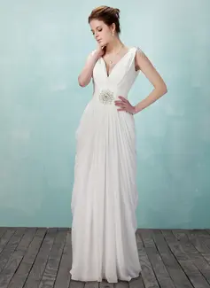Sheath V-neck Floor-Length Chiffon Evening Dress With Ruffle Beading (017018949)
