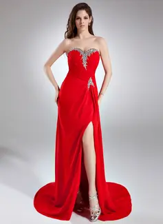 Sheath Sweetheart Court Train Chiffon Prom Dress With Ruffle Beading Sequins (018015949)