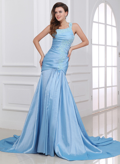 Mermaid One-Shoulder Chapel Train Taffeta Evening Dress With Ruffle Lace (017017327)
