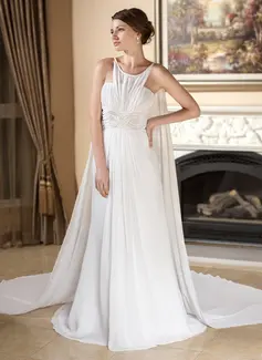 A-Line/Princess Scoop Neck Watteau Train Chiffon Wedding Dress With Ruffle Beadwork (002012135)