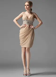 Sheath V-neck Knee-Length Chiffon Cocktail Dress With Ruffle Beading (016002945)
