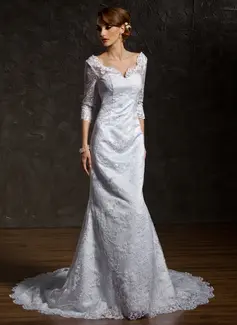 Mermaid V-neck Chapel Train Satin Lace Wedding Dress With Beadwork (002011518)