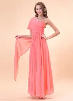 A-Line/Princess One-Shoulder Floor-Length Chiffon Holiday Dress With Ruffle Beading (020014396)