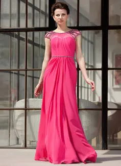 A-Line/Princess Scoop Neck Floor-Length Chiffon Tulle Evening Dress With Ruffle Beading (017022865)
