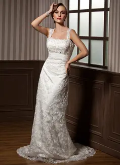 Sheath/Column Sweetheart Watteau Train Chiffon Charmeuse Lace Wedding Dress With Ruffle Beadwork (002012795)