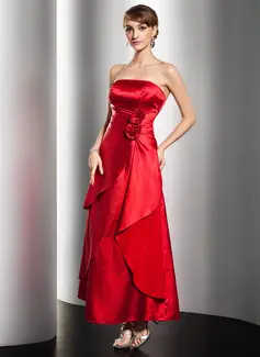 A-Line/Princess Strapless Ankle-Length Charmeuse Prom Dress With Ruffle Beading Flower(s) (018014499)