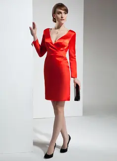 Sheath V-neck Knee-Length Charmeuse Cocktail Dress (002024409)