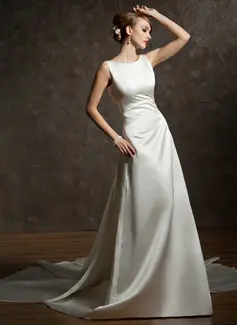 A-Line/Princess Scoop Neck Watteau Train Satin Wedding Dress With Ruffle (002012755)