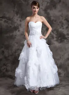 A-Line/Princess Sweetheart Ankle-Length Organza Tulle Wedding Dress With Lace Beadwork Flower(s) (002014984)