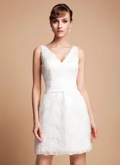 Sheath/Column V-neck Short/Mini Satin Wedding Dress With Lace (002011935)