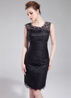 Sheath Scoop Neck Knee-Length Charmeuse Lace Cocktail Dress With Beading (016019694)