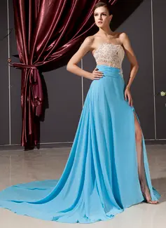 A-Line/Princess Sweetheart Court Train Chiffon Tulle Evening Dress With Lace Beading (017014249)