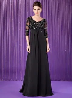 Empire V-neck Sweep Train Chiffon Tulle Mother of the Bride Dress With Lace Beading (008018687)