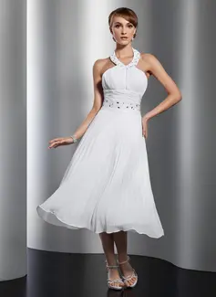 A-Line/Princess Halter Tea-Length Chiffon Homecoming Dress With Ruffle Beading (022014804)
