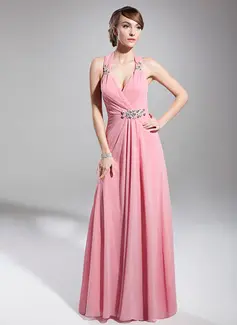 A-Line/Princess Halter Floor-Length Chiffon Holiday Dress With Ruffle Beading (020014711)