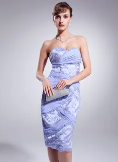 Sheath Sweetheart Knee-Length Charmeuse Lace Cocktail Dress With Ruffle Beading (016021210)