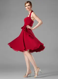 A-Line/Princess Halter Knee-Length Chiffon Bridesmaid Dress With Ruffle (007001816)